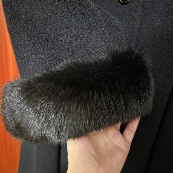 Cinzia Rocca By Rodel Black Winter Wool Coat w Fox Fur Trim Cuffs IT46/ US 16 - Picture 7 of 17